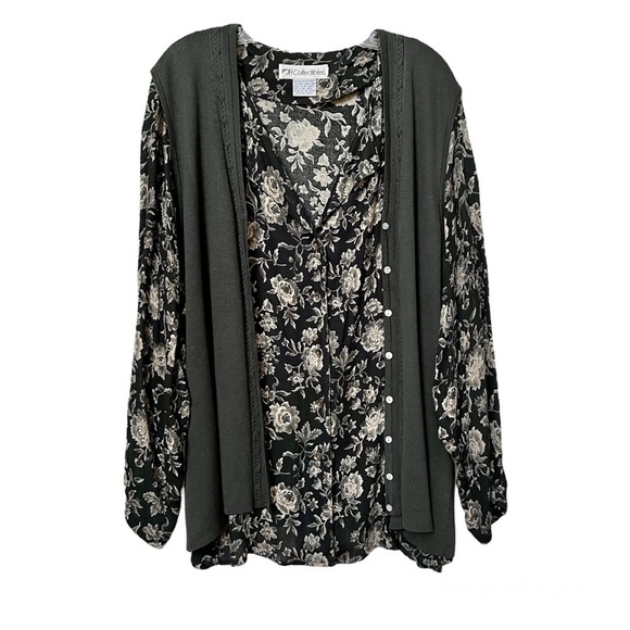 JH Collectables Black Floral Skirt Top and Sweater Vest Set Plus Size 22W - Picture 2 of 16